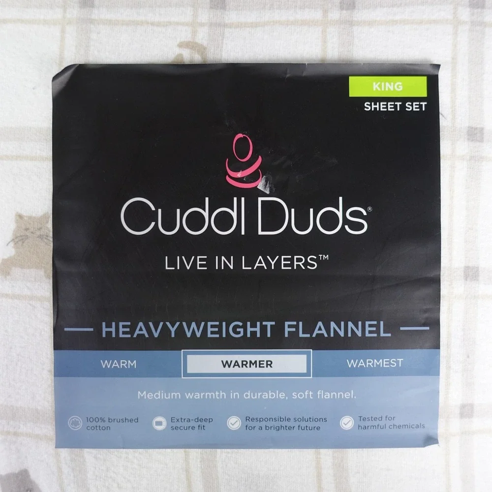 Cuddl Duds King Sheet Set Heavyweight Flannel Cat Plaid White Tan Grey 4pc New